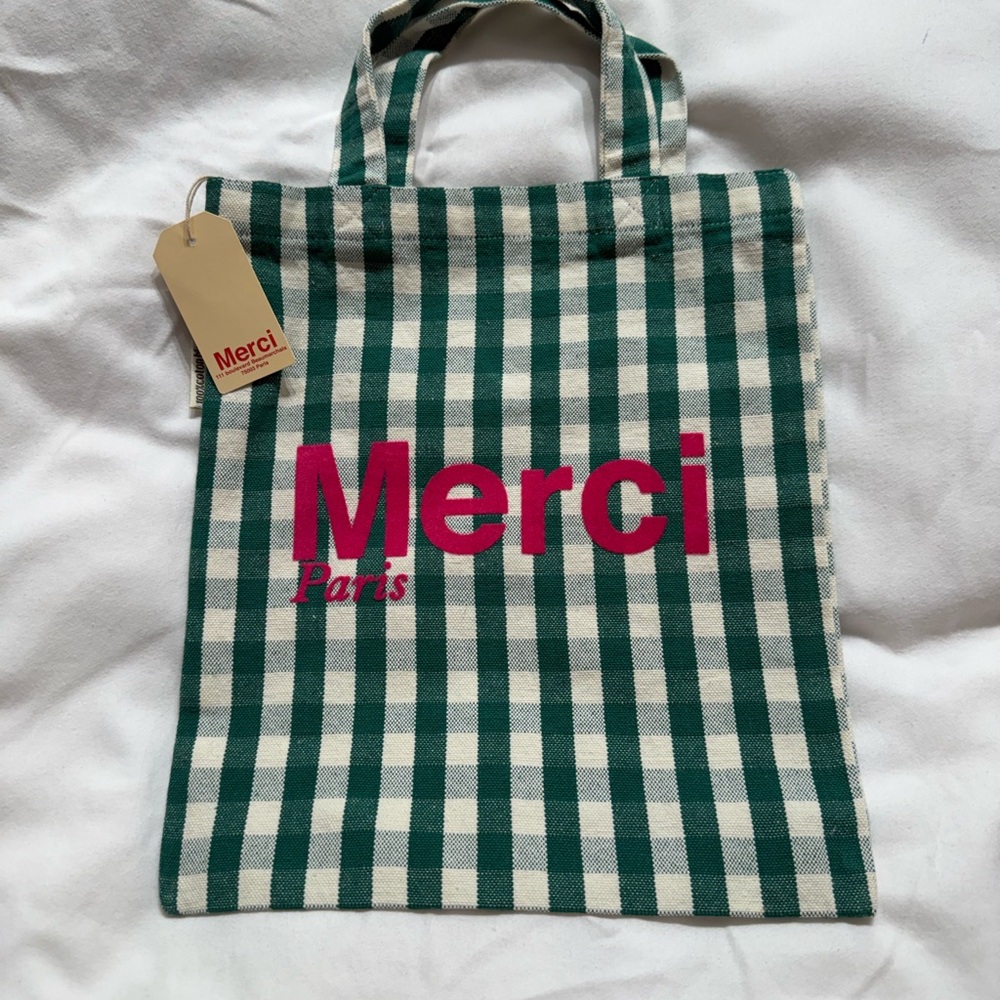 Merci Green Checkered Tote Bag from Paris